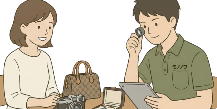 査定している男性と品物を提示する笑顔の女性