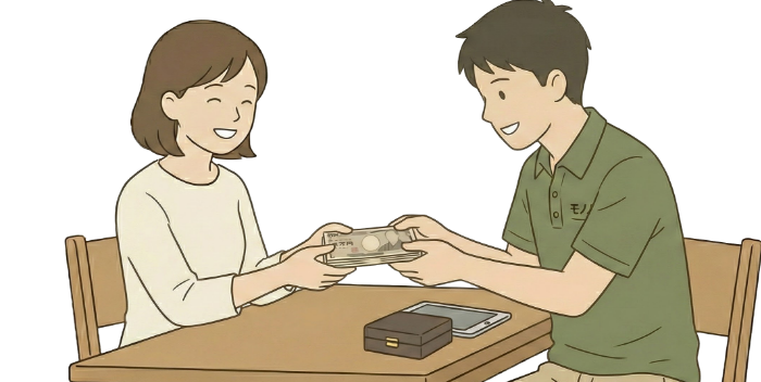 査定終了後に現金を渡す男性と受け取る女性